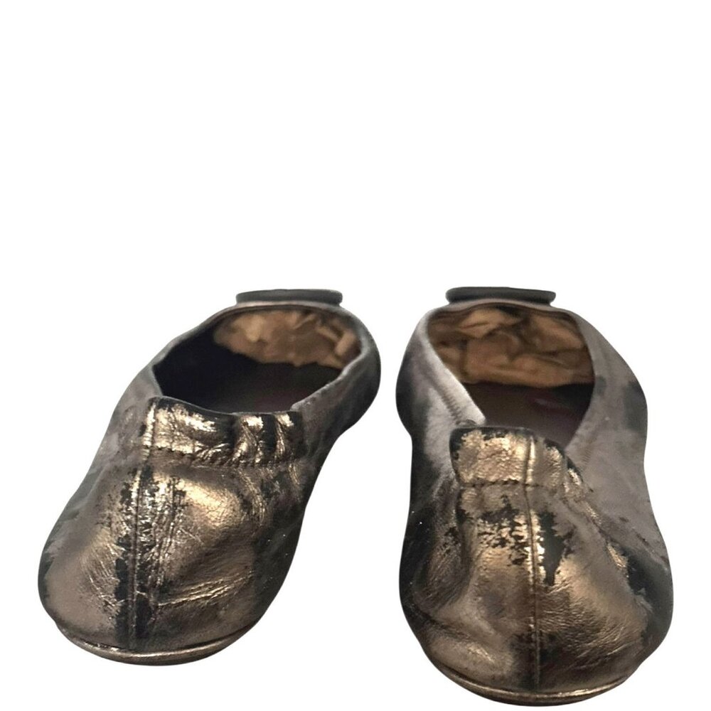 Tory Burch Minnie Leather Ballet Flats 8 Pewter Grey Metallic Logo Luxury - Picture 9 of 10